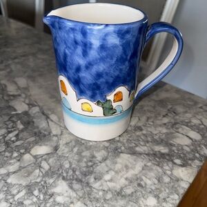 Blue Hand-Painted Ceramic Pitcher with Coastal Village Design